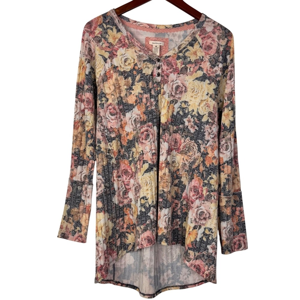 Westbound Henley‎ Top Womens M Multicolor Long Sleeve Floral Ribbed Knit Lace